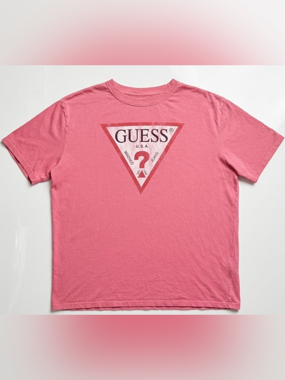 Vintage Guess Jeans Graphic T-Shirt Pink Coral Triangle Logo Unisex L